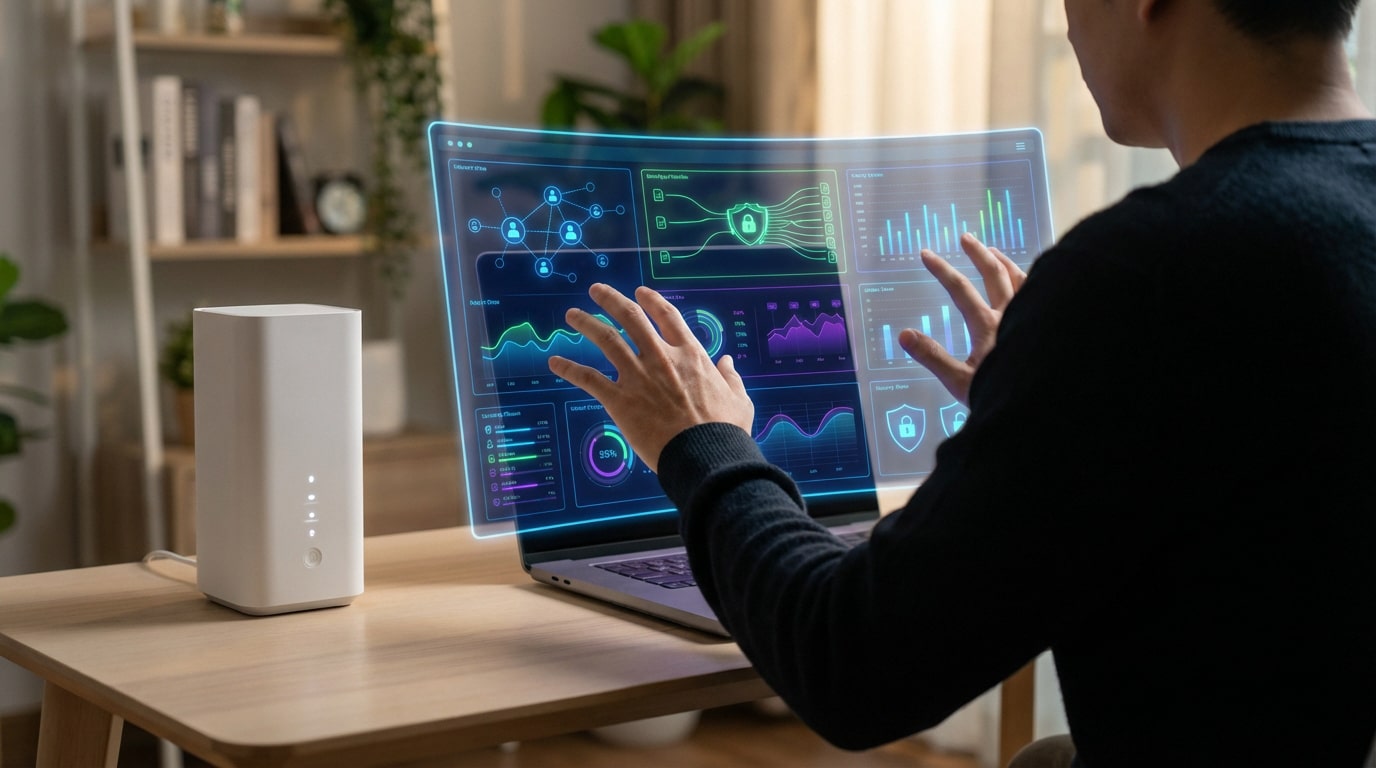 Vue de dos d'un homme manipulant une interface réseau holographique affichant des données complexes, un modem blanc est sur la table.