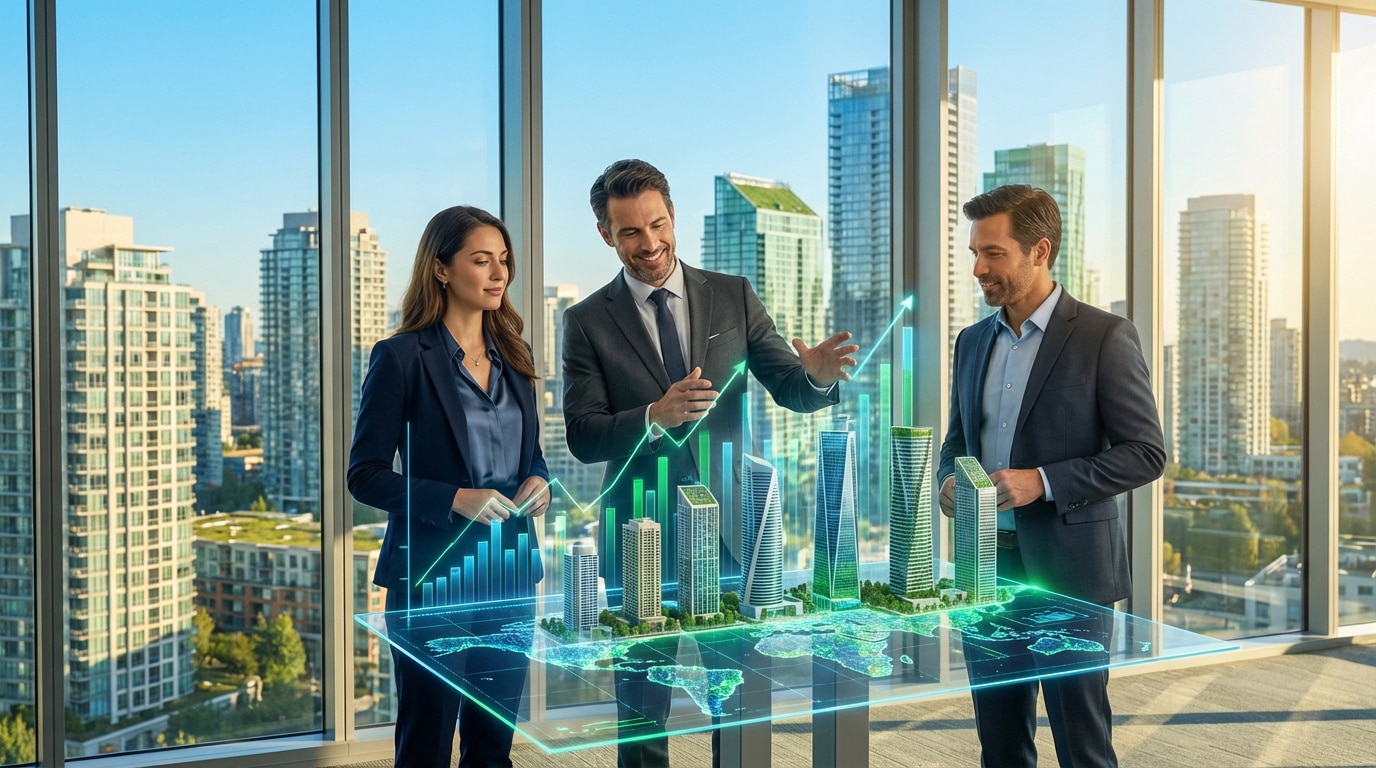 Trois professionnels devant une table holographique affichant des modèles immobiliers et des graphiques financiers dans un bureau avec vue sur la ville.