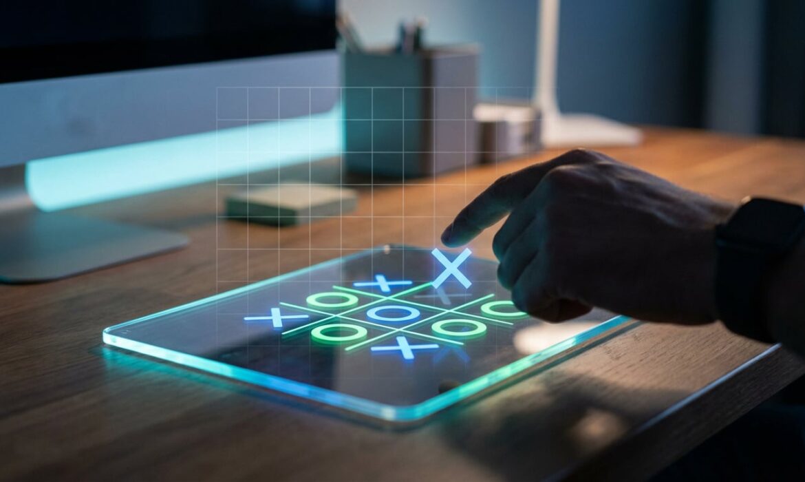 Une main place un 'X' sur un jeu de morpion (Tic-Tac-Toe) numérique affiché sur un écran tactile lumineux. Environnement de bureau moderne.