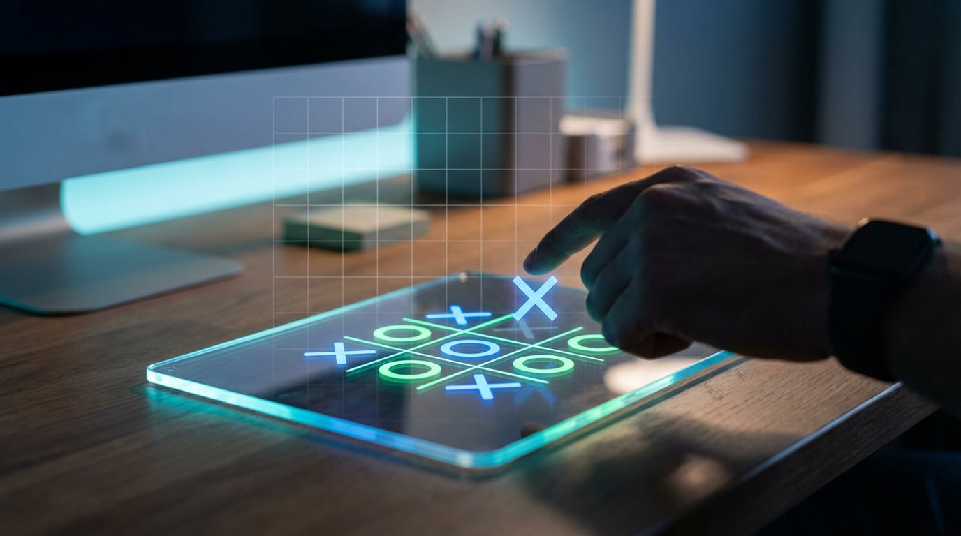Une main place un 'X' sur un jeu de morpion (Tic-Tac-Toe) numérique affiché sur un écran tactile lumineux. Environnement de bureau moderne.