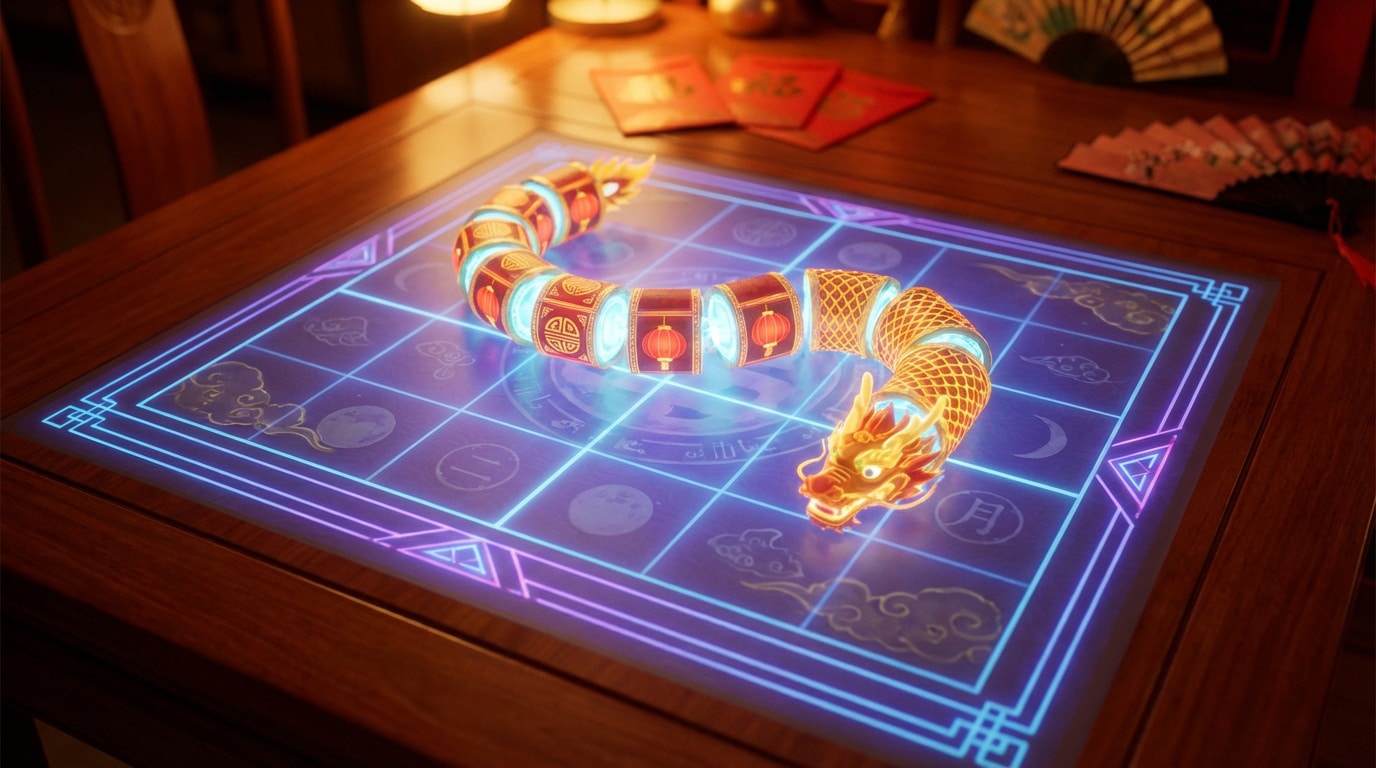 Dragon doré lumineux, composé de lanternes, sur plateau de jeu interactif néon. Des éventails et enveloppes rouges sont sur la table.