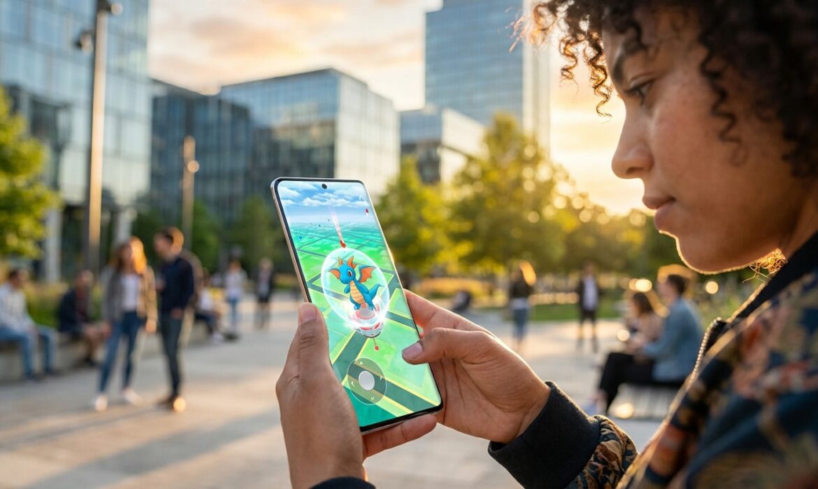 Personne joue à Pokémon Go sur smartphone Android, un Pokémon bleu à l'écran, joystick virtuel visible, fond urbain ensoleillé.
