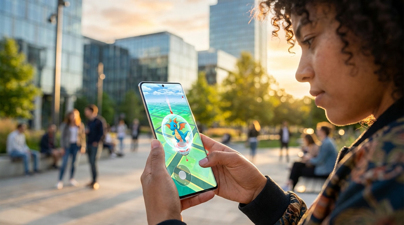 Personne joue à Pokémon Go sur smartphone Android, un Pokémon bleu à l'écran, joystick virtuel visible, fond urbain ensoleillé.