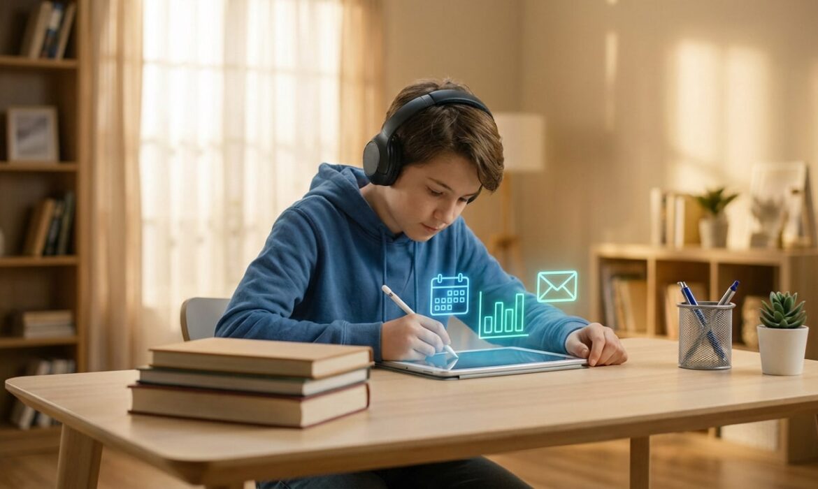 Jeune collégien concentré avec un casque, utilisant une tablette et un stylet. Icônes numériques de calendrier et graphiques.