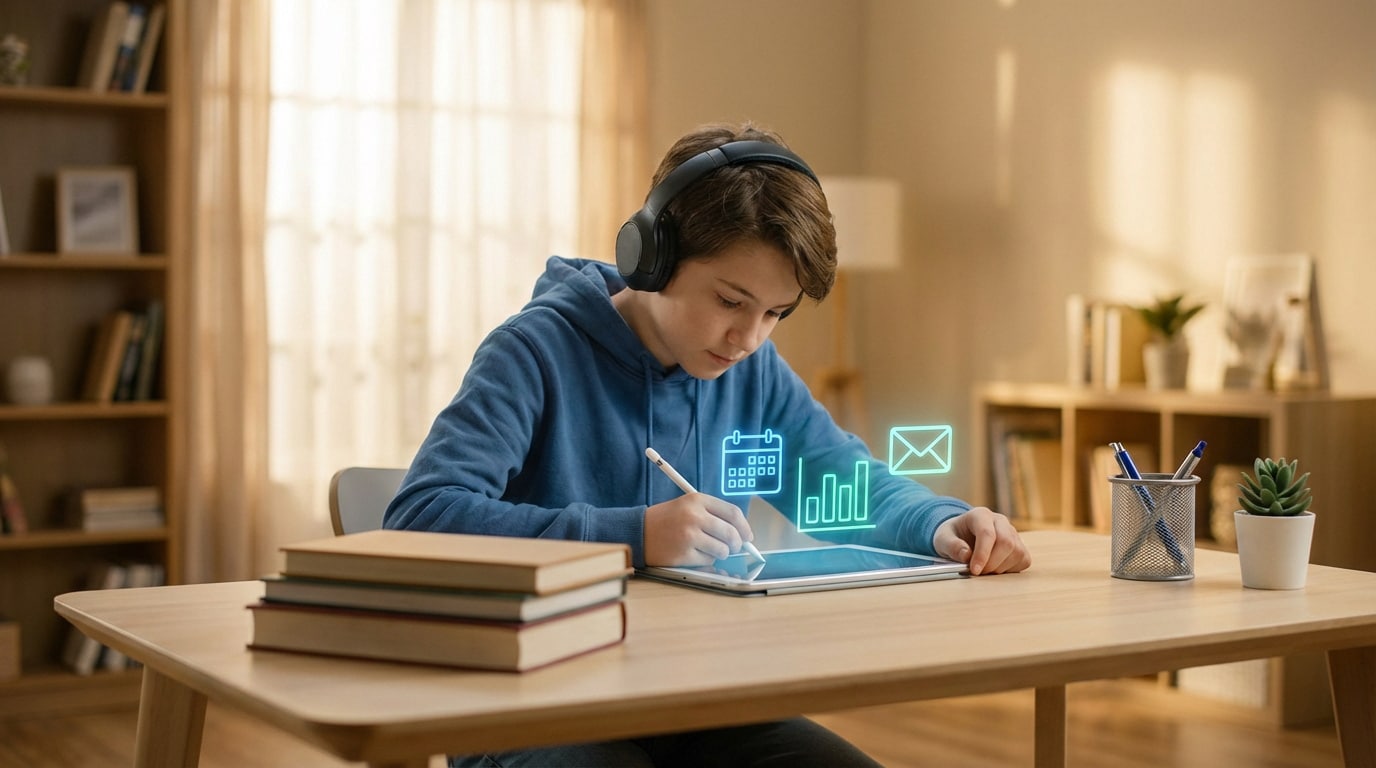 Jeune collégien concentré avec un casque, utilisant une tablette et un stylet. Icônes numériques de calendrier et graphiques.