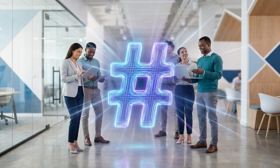 Quatre professionnels interagissent autour d'un grand hashtag néon lumineux dans un bureau moderne, symbolisant la visibilité numérique.