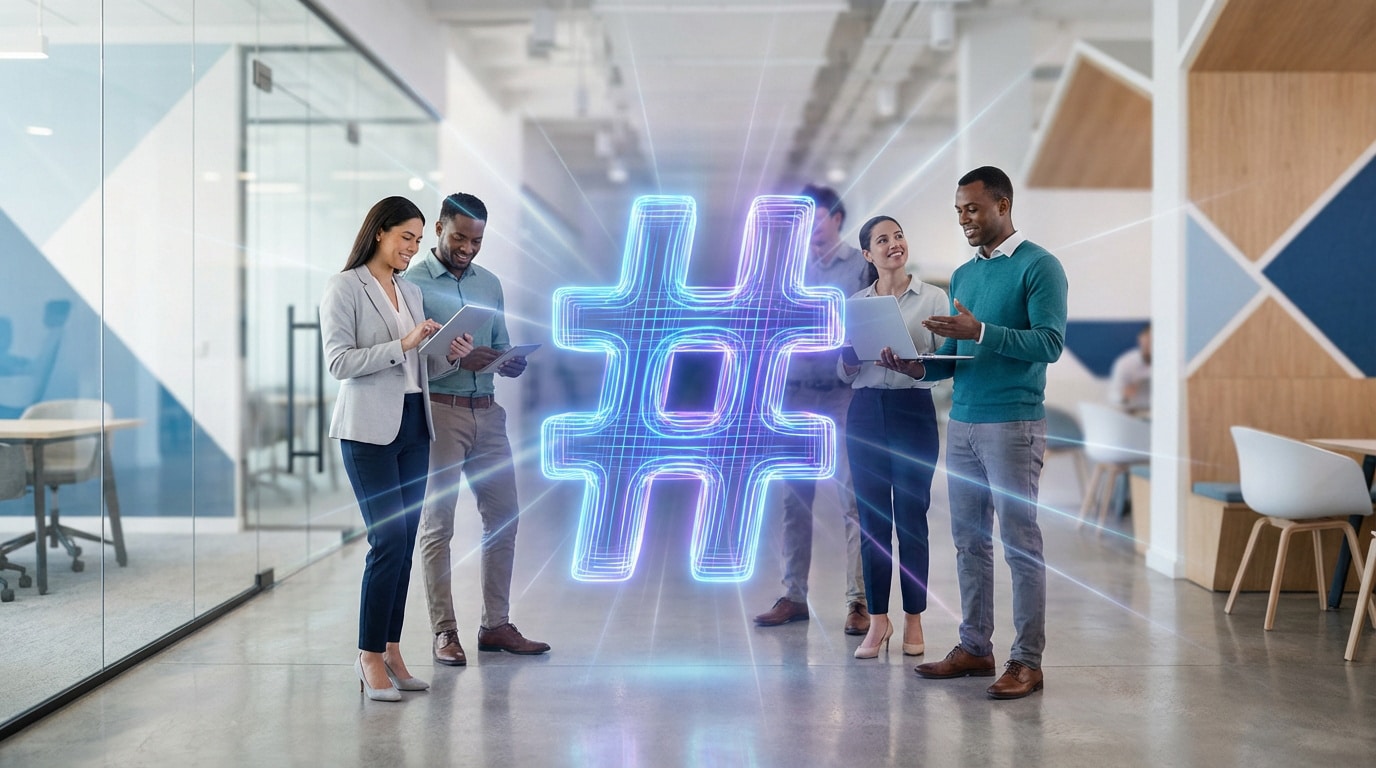 Quatre professionnels interagissent autour d'un grand hashtag néon lumineux dans un bureau moderne, symbolisant la visibilité numérique.