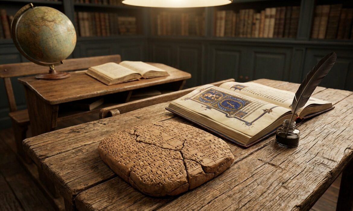 Tablette cunéiforme, manuscrit enluminé, plume, encrier sur bureau en bois ancien, globe et bibliothèque en arrière-plan.