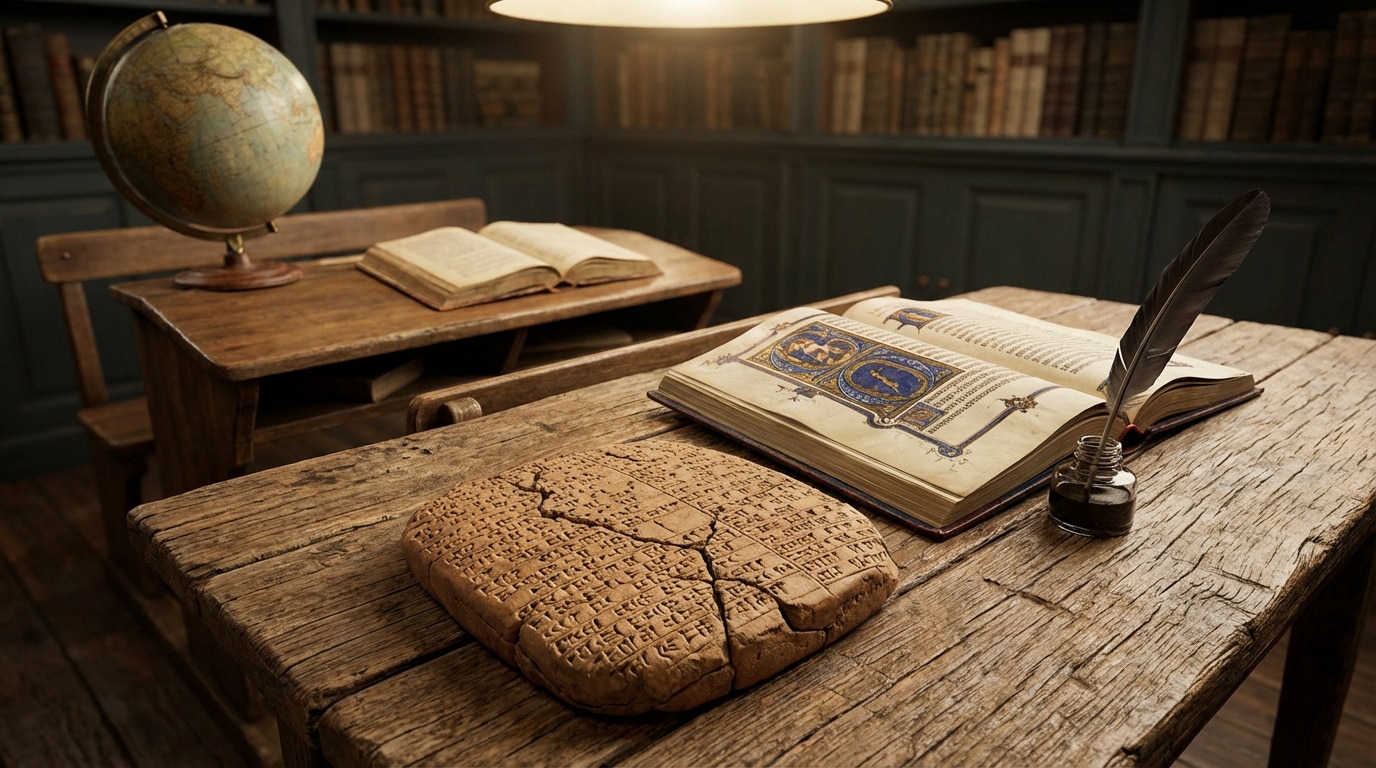 Tablette cunéiforme, manuscrit enluminé, plume, encrier sur bureau en bois ancien, globe et bibliothèque en arrière-plan.