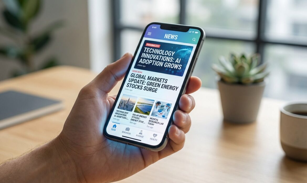 Une main tient un smartphone affichant une application d'actualités avec des titres sur la technologie, l'IA et les marchés financiers.