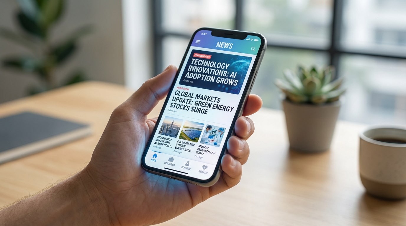 Une main tient un smartphone affichant une application d'actualités avec des titres sur la technologie, l'IA et les marchés financiers.