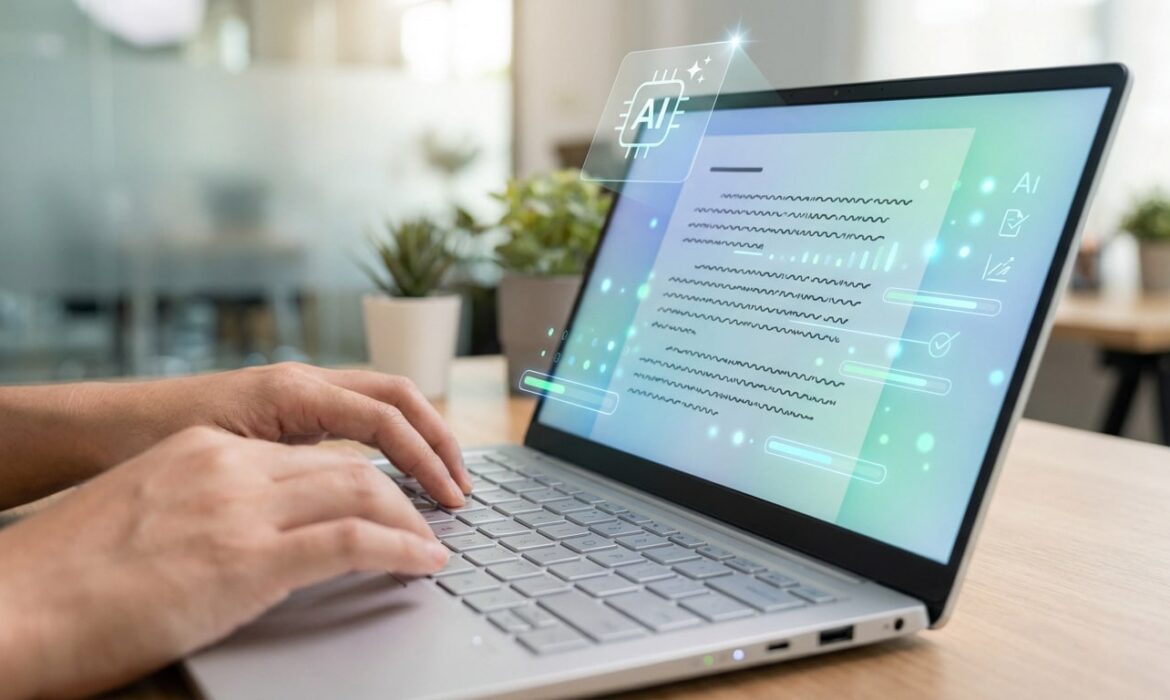 Personne utilise un ordinateur portable pour rédiger. L'écran montre un texte optimisé par IA avec icônes de progression et correction.