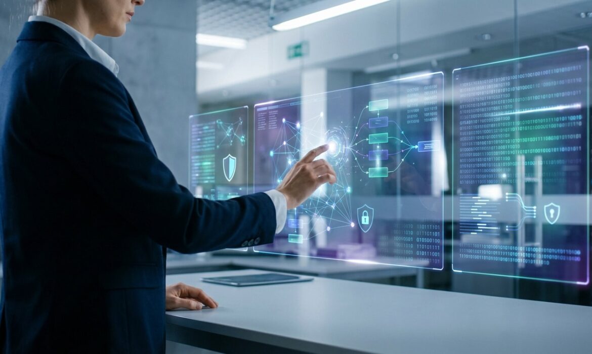 Personne en costume manipulant un écran holographique affichant un réseau de données complexe, du code et des icônes de sécurité.