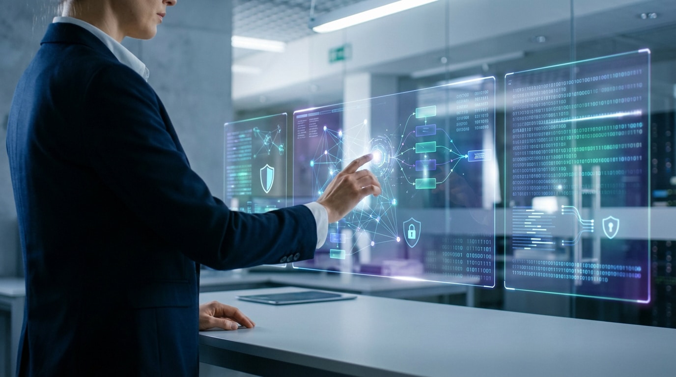Personne en costume manipulant un écran holographique affichant un réseau de données complexe, du code et des icônes de sécurité.