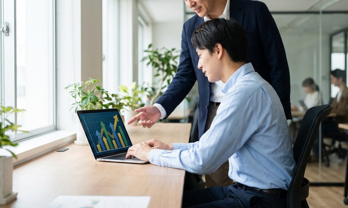 Deux collègues dans un bureau analysent des graphiques de croissance sur un PC. L'aîné guide le plus jeune, symbolisant l'encadrement.