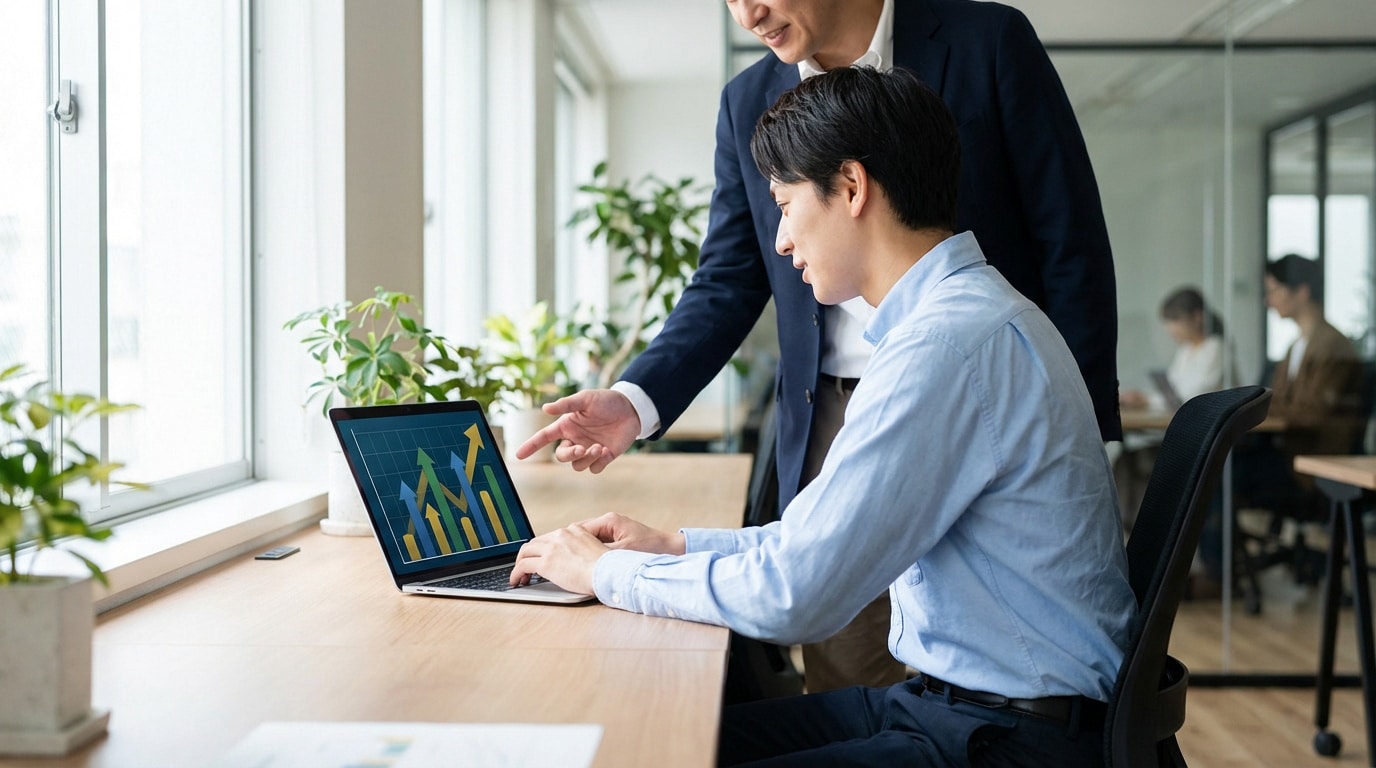 Deux collègues dans un bureau analysent des graphiques de croissance sur un PC. L'aîné guide le plus jeune, symbolisant l'encadrement.