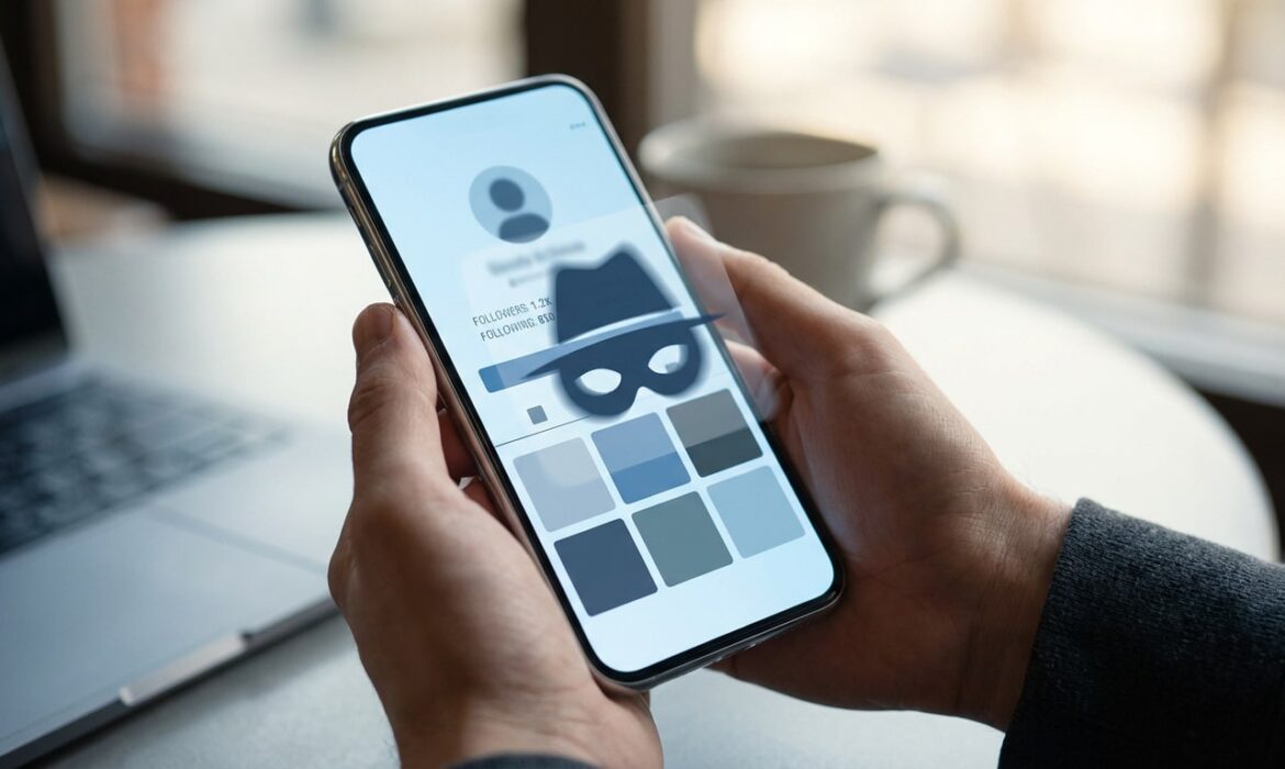 Mains tenant un smartphone montrant un profil Instagram masqué par une icône d'incognito (chapeau et masque). Ordinateur en arrière-plan.