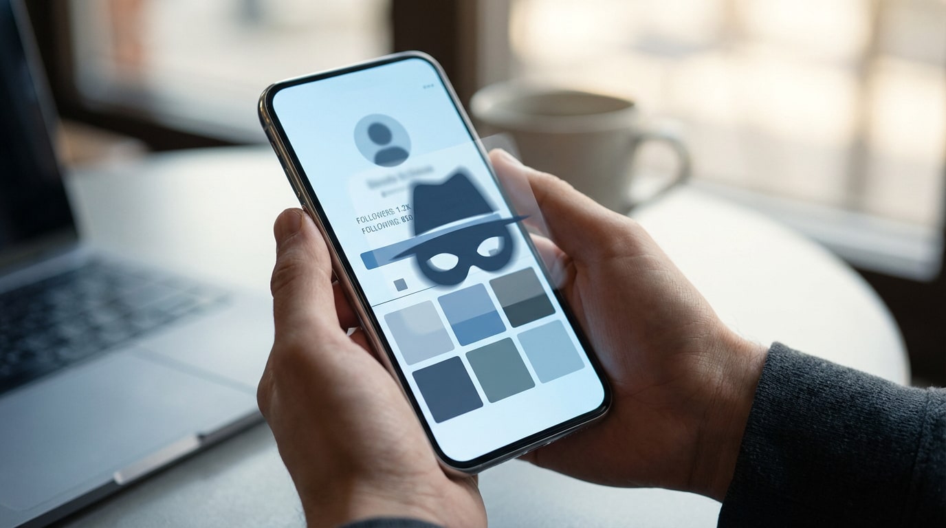 Mains tenant un smartphone montrant un profil Instagram masqué par une icône d'incognito (chapeau et masque). Ordinateur en arrière-plan.