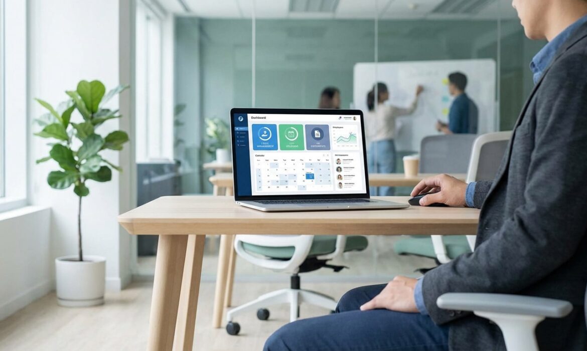 Homme utilisant un ordinateur portable affichant le tableau de bord du logiciel MaboxRH, avec calendrier et données RH, dans un bureau moderne.