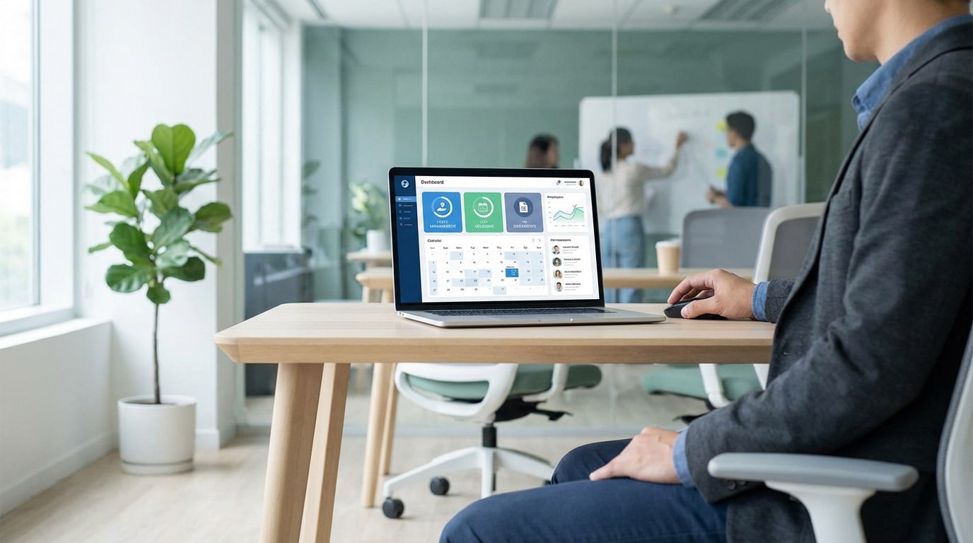 Homme utilisant un ordinateur portable affichant le tableau de bord du logiciel MaboxRH, avec calendrier et données RH, dans un bureau moderne.