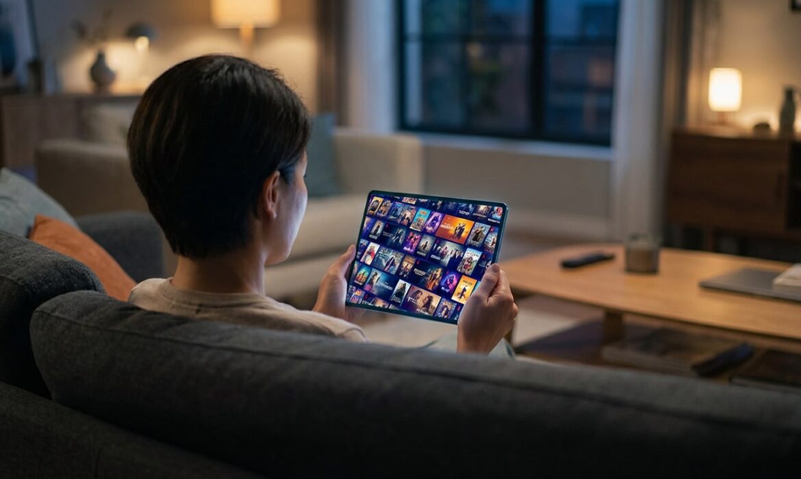 Vue de dos d'une personne naviguant dans un vaste catalogue de streaming (films, séries) sur une tablette numérique, assise confortablement sur un canapé dans un salon faiblement éclairé.