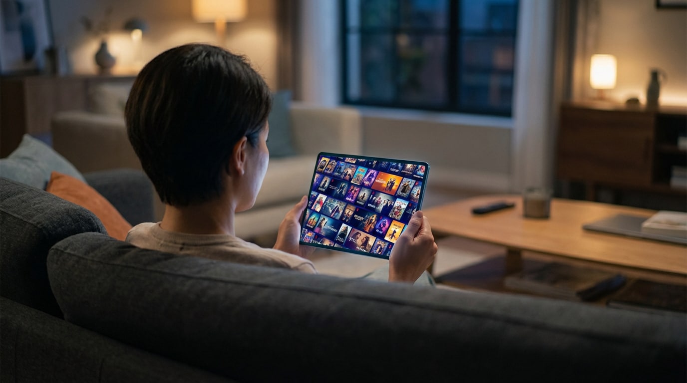 Vue de dos d'une personne naviguant dans un vaste catalogue de streaming (films, séries) sur une tablette numérique, assise confortablement sur un canapé dans un salon faiblement éclairé.