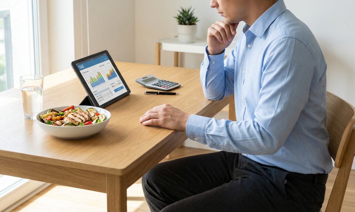 Un homme réfléchit devant une tablette affichant des données fiscales. À ses côtés, un repas de salade, une calculatrice et un verre d'eau.
