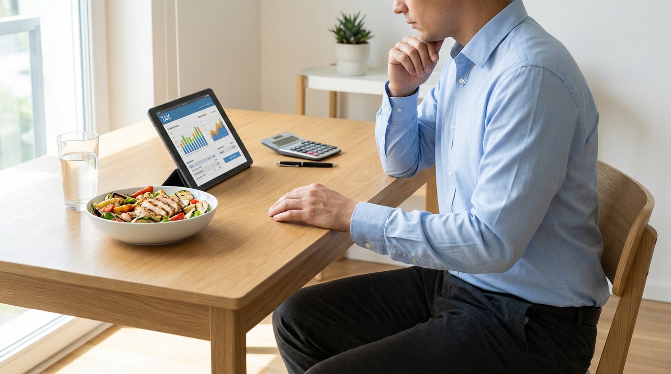 Un homme réfléchit devant une tablette affichant des données fiscales. À ses côtés, un repas de salade, une calculatrice et un verre d'eau.