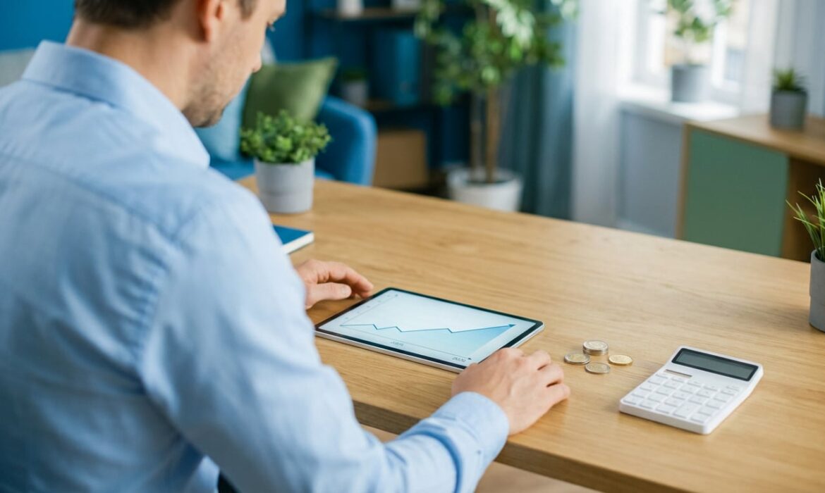 Un homme regarde un graphique de croissance financière sur une tablette, avec des pièces et une calculatrice sur une table en bois.