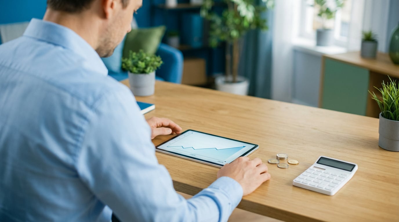 Un homme regarde un graphique de croissance financière sur une tablette, avec des pièces et une calculatrice sur une table en bois.