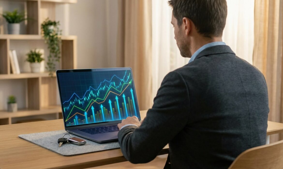 Homme en costume regardant des graphiques financiers en hausse sur un ordinateur portable, avec des clés de voiture sur le bureau.
