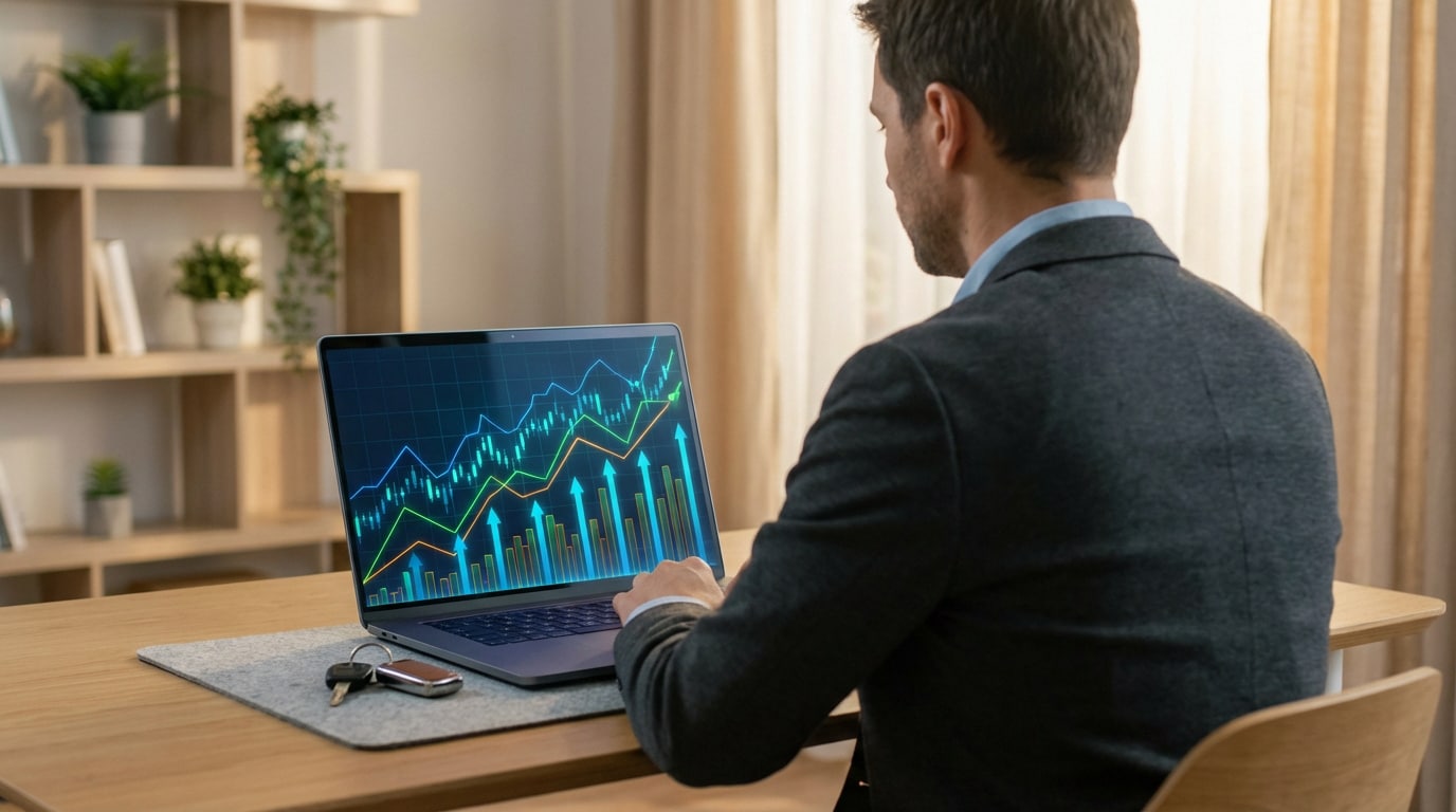 Homme en costume regardant des graphiques financiers en hausse sur un ordinateur portable, avec des clés de voiture sur le bureau.