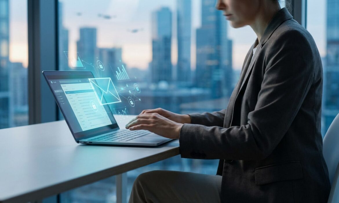 Une personne utilise un ordinateur portable avec des icônes d'e-mail, de sécurité et de données dans un bureau moderne.