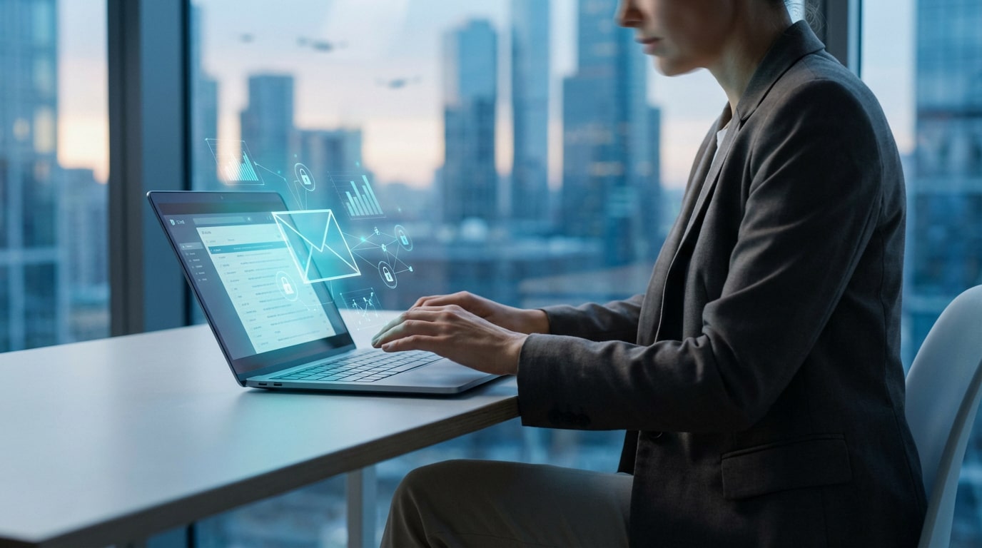 Une personne utilise un ordinateur portable avec des icônes d'e-mail, de sécurité et de données dans un bureau moderne.