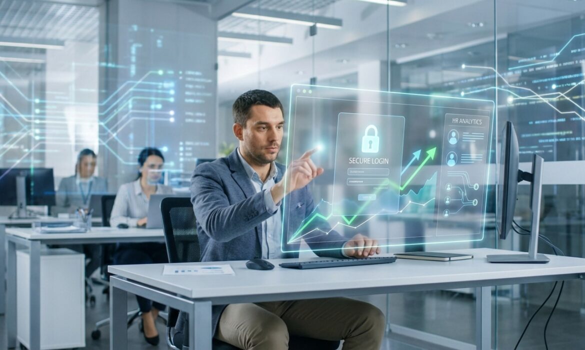 Homme interagissant avec un écran holographique de connexion sécurisée et d'analyse de données dans un bureau moderne.