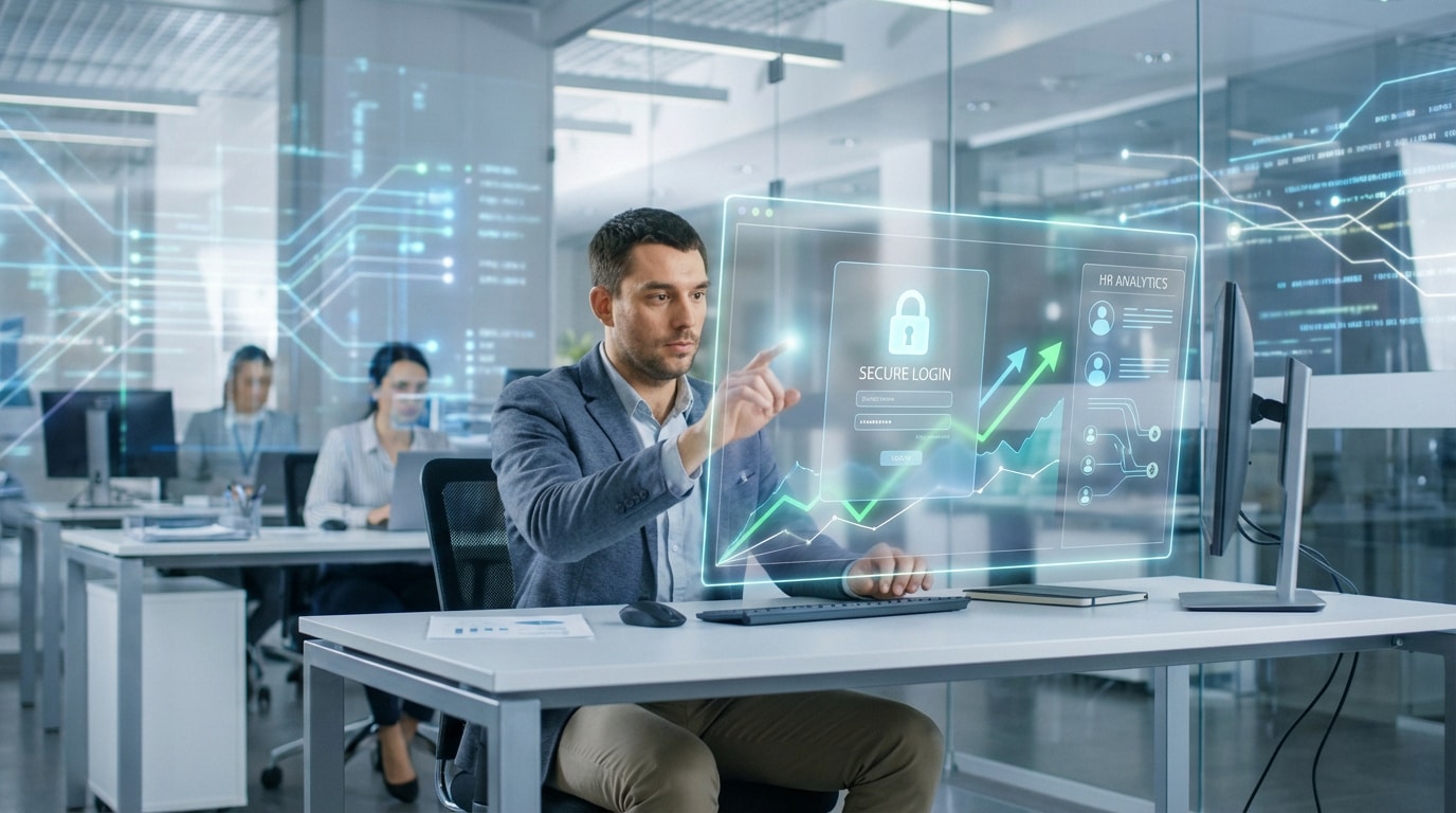 Homme interagissant avec un écran holographique de connexion sécurisée et d'analyse de données dans un bureau moderne.
