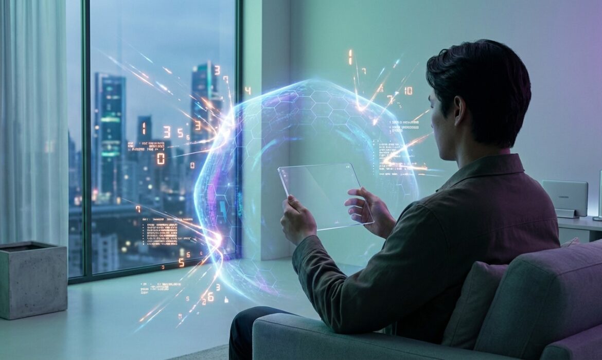 Un homme utilise une tablette transparente pour interagir avec une bulle de données numériques hexagonale lumineuse, avec un skyline urbain en arrière-plan.