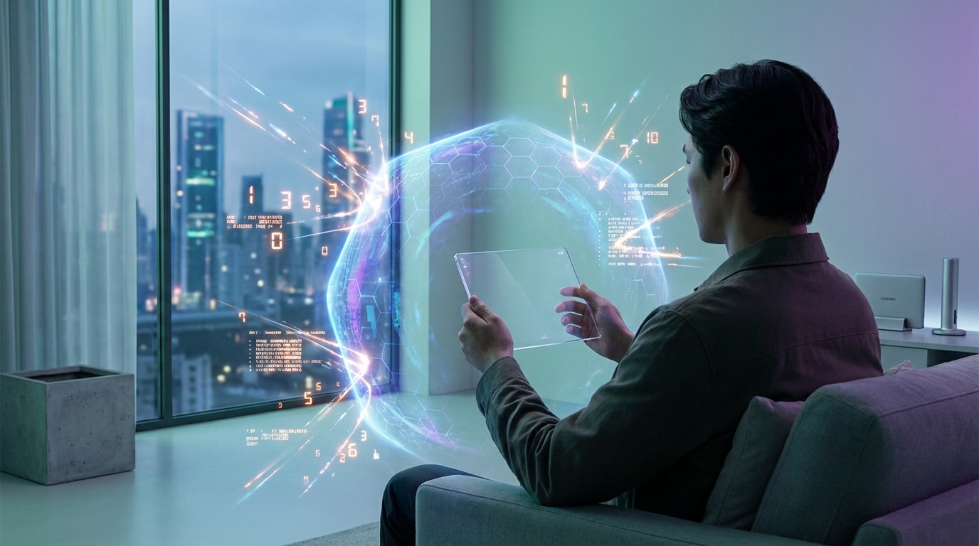 Un homme utilise une tablette transparente pour interagir avec une bulle de données numériques hexagonale lumineuse, avec un skyline urbain en arrière-plan.