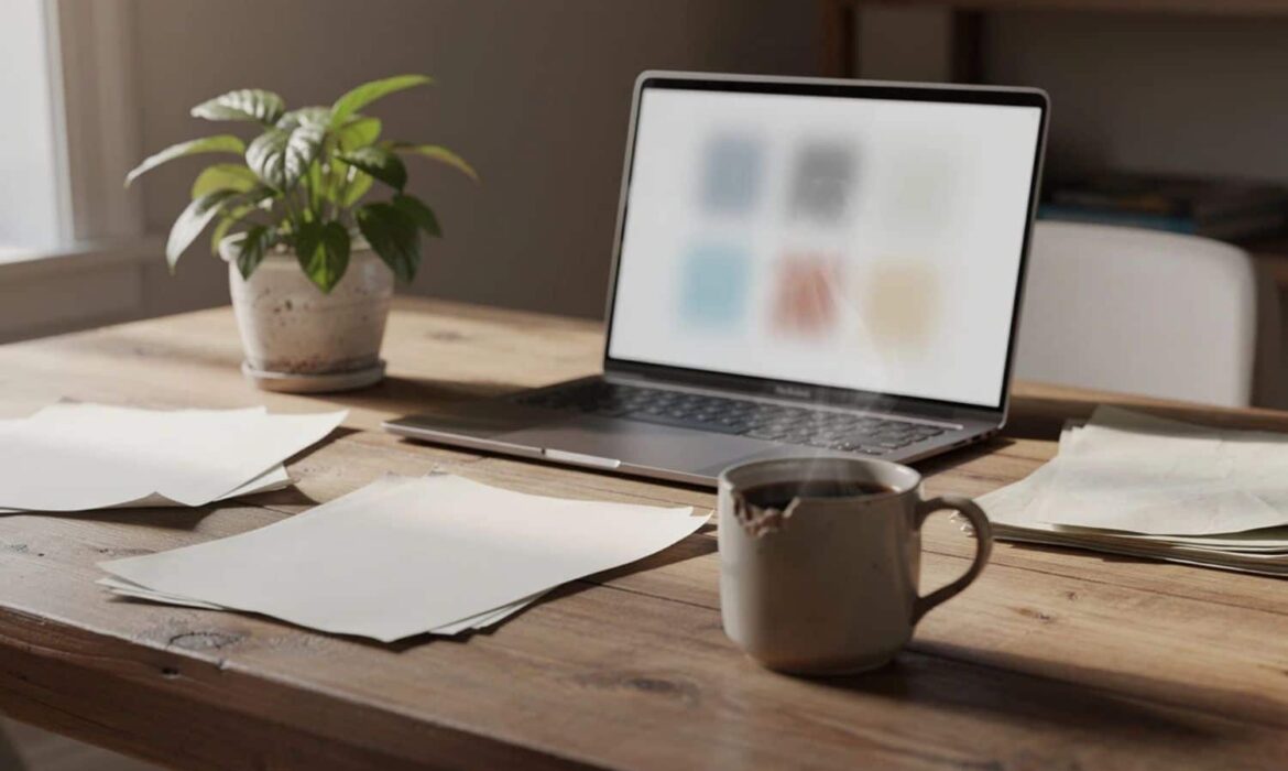 Bureau avec ordinateur portable, café et plante verte