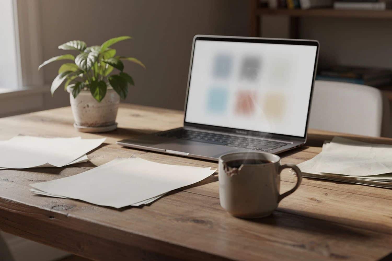 Bureau avec ordinateur portable, café et plante verte