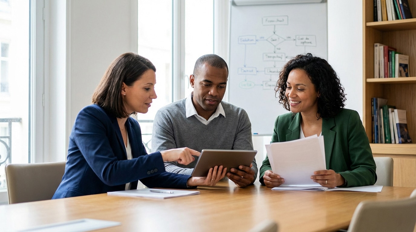 Trois personnes, deux femmes et un homme, en réunion de travail, consultant une tablette et des documents. Atmosphère collaborative.
