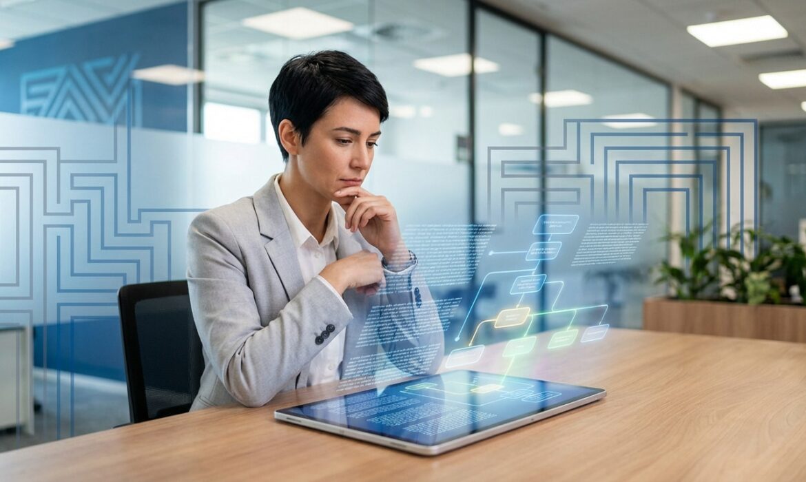 Femme d'affaires analyse un diagramme de flux complexe sur tablette pour éviter les pièges d'un processus RH ou légal.