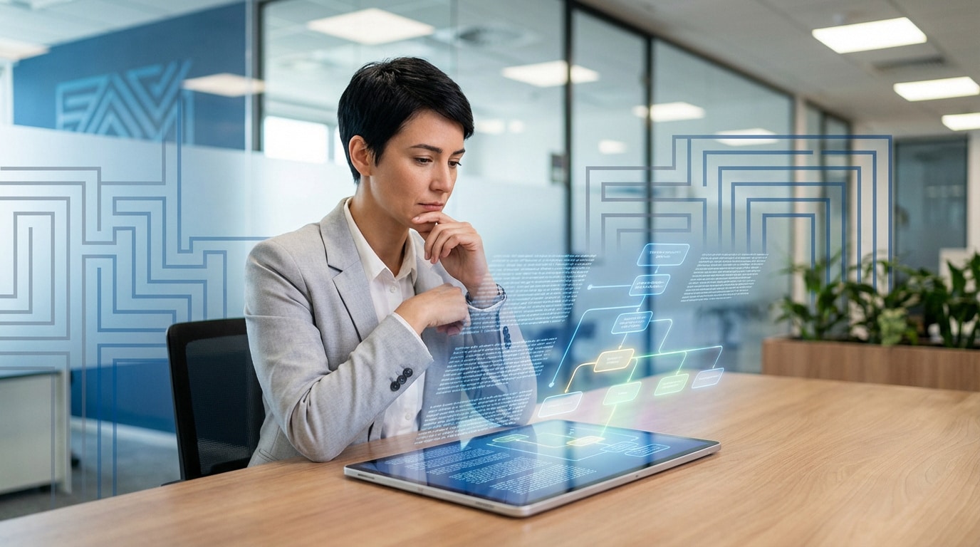 Femme d'affaires analyse un diagramme de flux complexe sur tablette pour éviter les pièges d'un processus RH ou légal.
