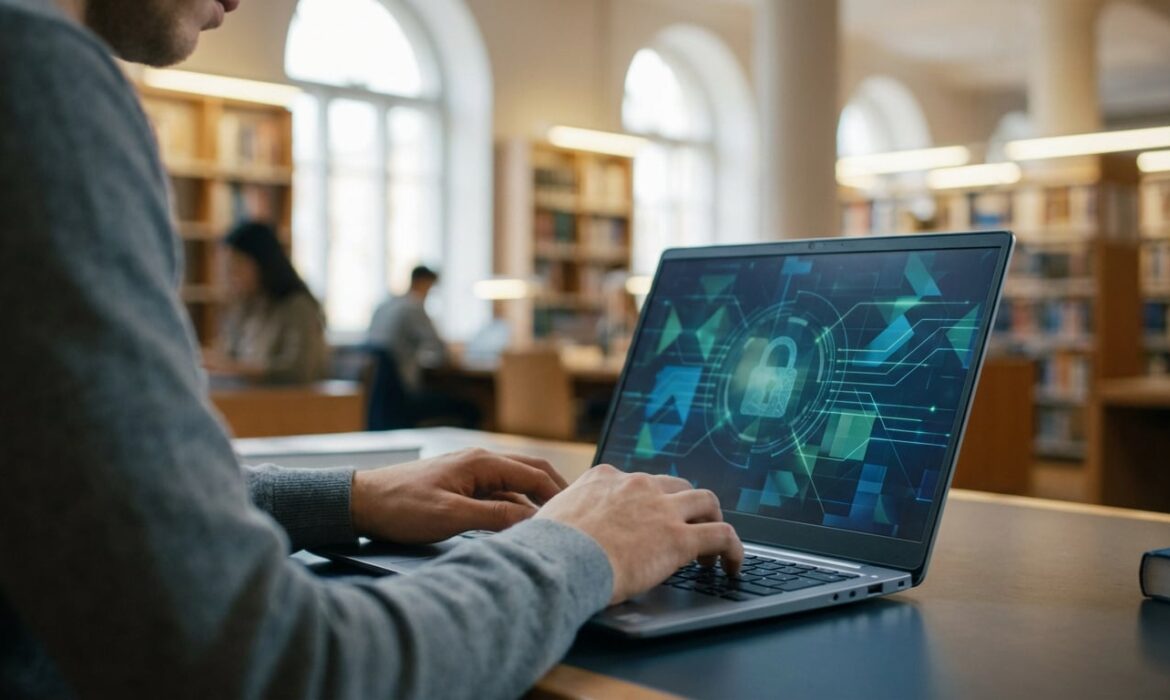 Un étudiant tape sur un ordinateur portable dans une bibliothèque, l'écran affiche une icône de cadenas et des graphiques de sécurité.