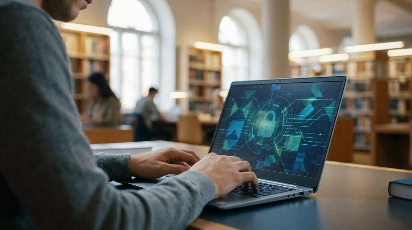 Un étudiant tape sur un ordinateur portable dans une bibliothèque, l'écran affiche une icône de cadenas et des graphiques de sécurité.
