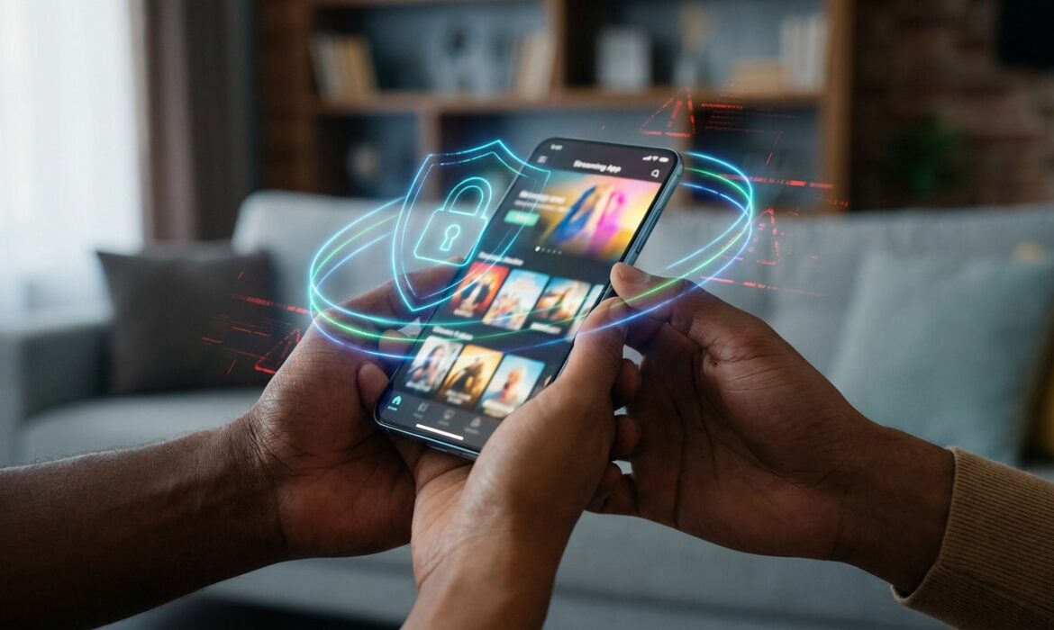 Mains tenant un smartphone affichant une appli de streaming avec un bouclier et un cadenas lumineux symbolisant la sécurité en ligne.