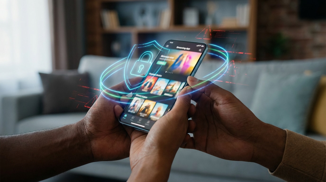 Mains tenant un smartphone affichant une appli de streaming avec un bouclier et un cadenas lumineux symbolisant la sécurité en ligne.