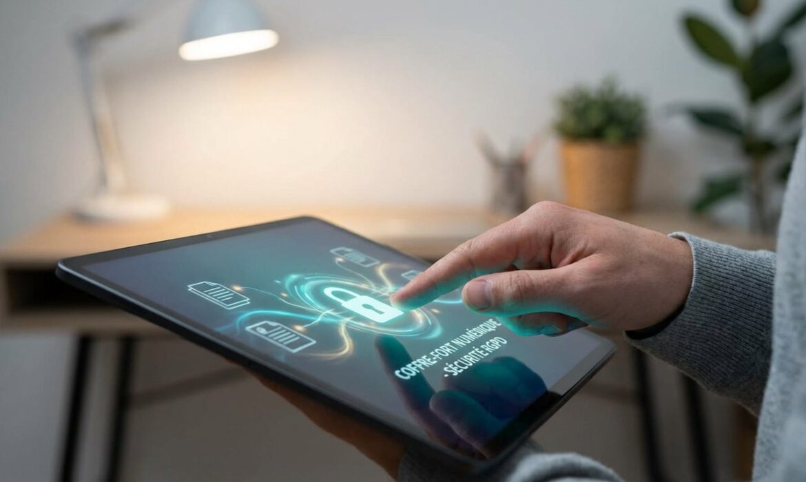 Main touchant une tablette affichant un cadenas lumineux, des icônes de documents et le texte 'Coffre-fort numérique - Sécurité RGPD'.