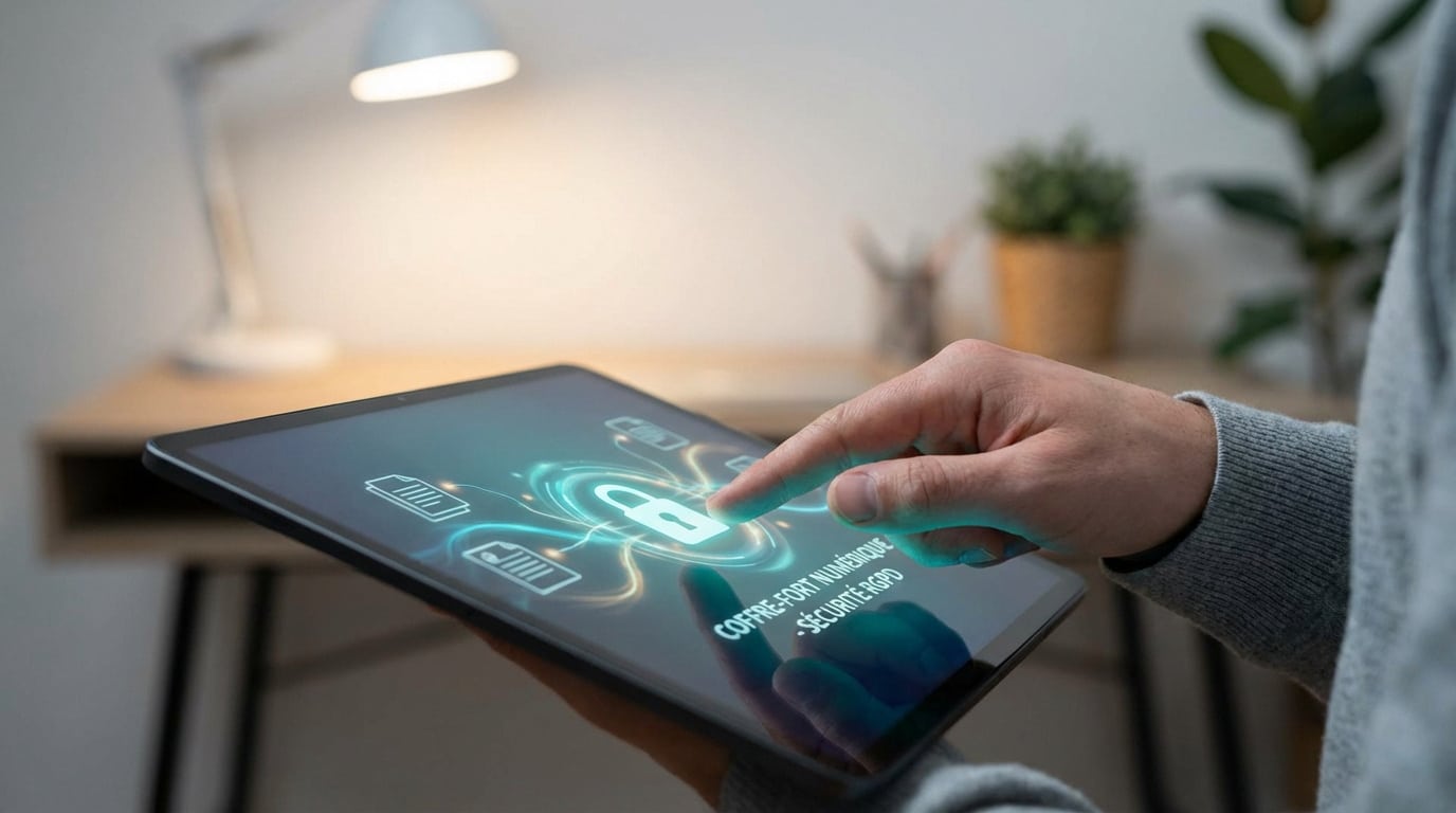 Main touchant une tablette affichant un cadenas lumineux, des icônes de documents et le texte 'Coffre-fort numérique - Sécurité RGPD'.