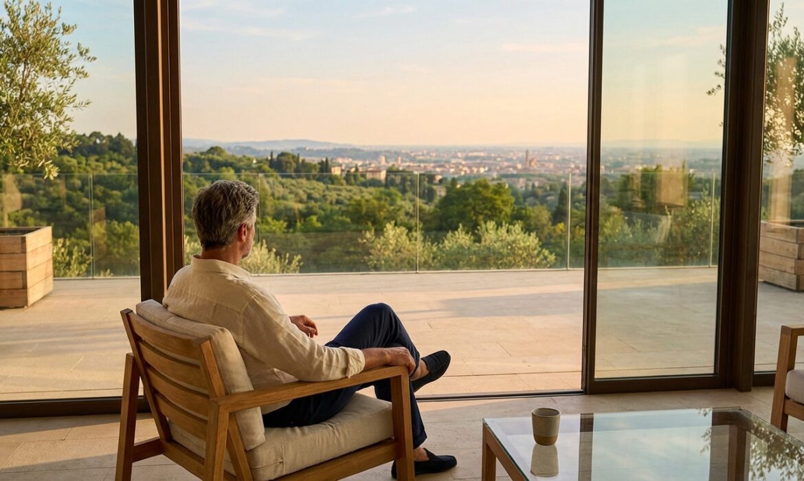 Un homme de dos contemple une vaste vue panoramique sur une ville lointaine et des collines verdoyantes depuis une terrasse luxueuse.